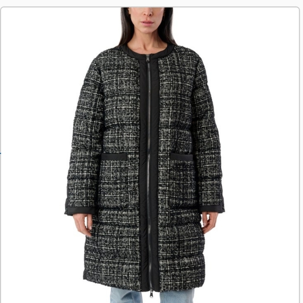 Bernardo Black & White Quilted Tweed Long Puffer Coat